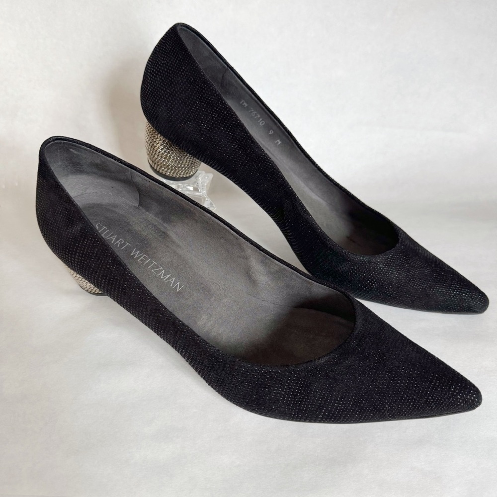 Stuart Weitzman poco globe black glitter pumps with chain block heel